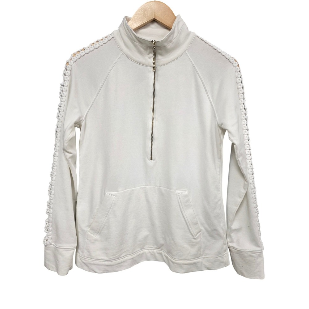 Lilly Pulitzer Quarter Zip Pullover Women S White Crochet Trim Preppy Athleisure